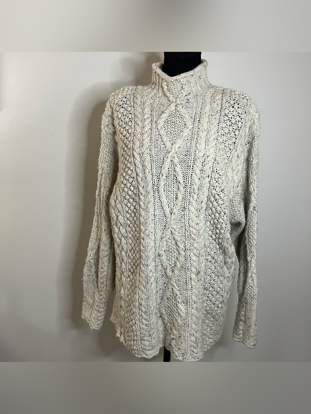 Vtg Express Tricot Cream Wool Angora Blend Roll Neck Cable Fisherman Sweater M